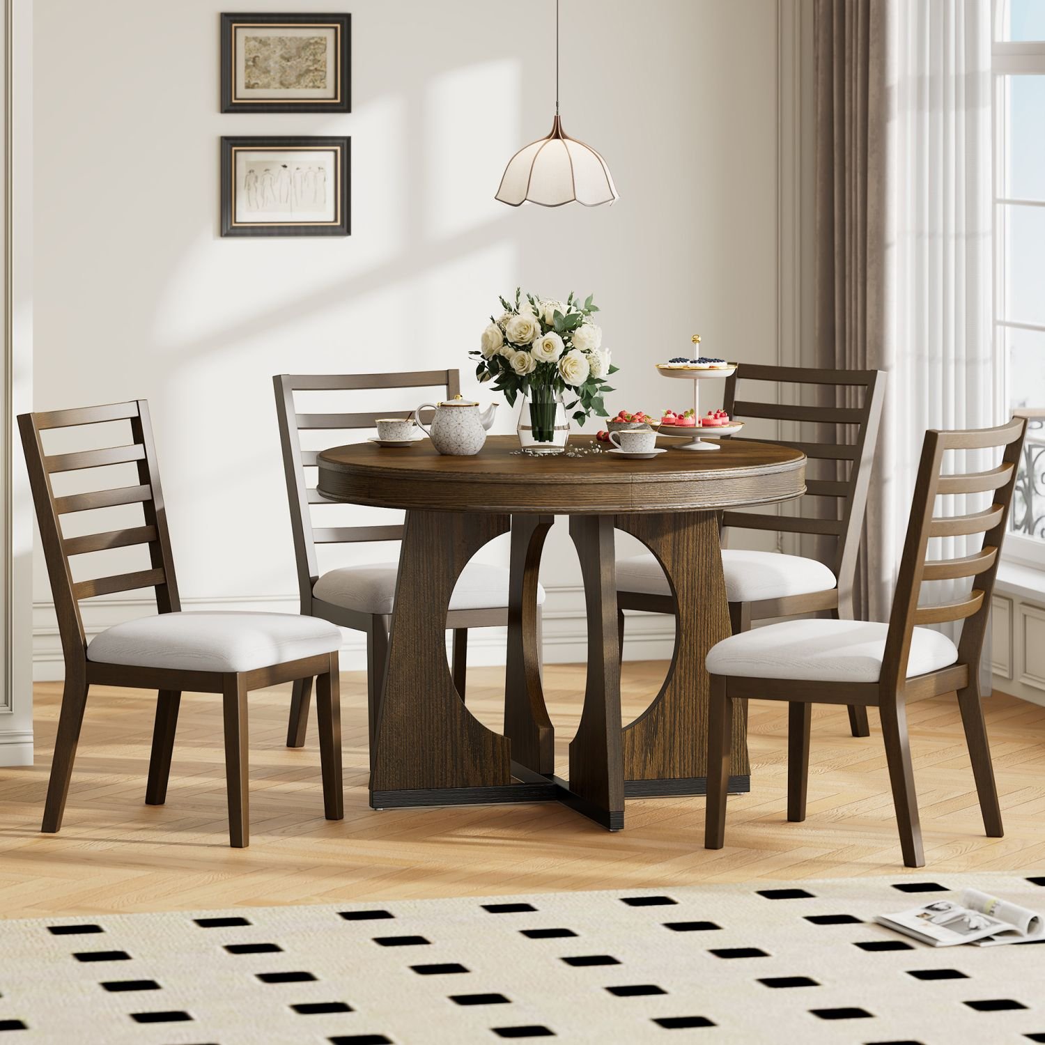 TREXM Round Dining Table for 4 with Chairs Set, Extendable Dining Table ...
